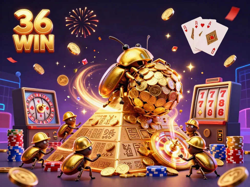 Win big with 36 WIN as golden coins and gem stones cascade in this vibrant casino scene.