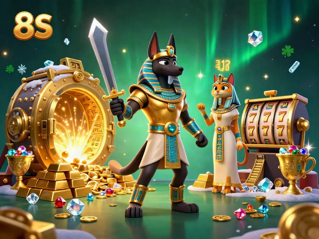 Experience the thrilling 8 S casino adventure with Anubis and Bastet, amidst a backdrop of riches.