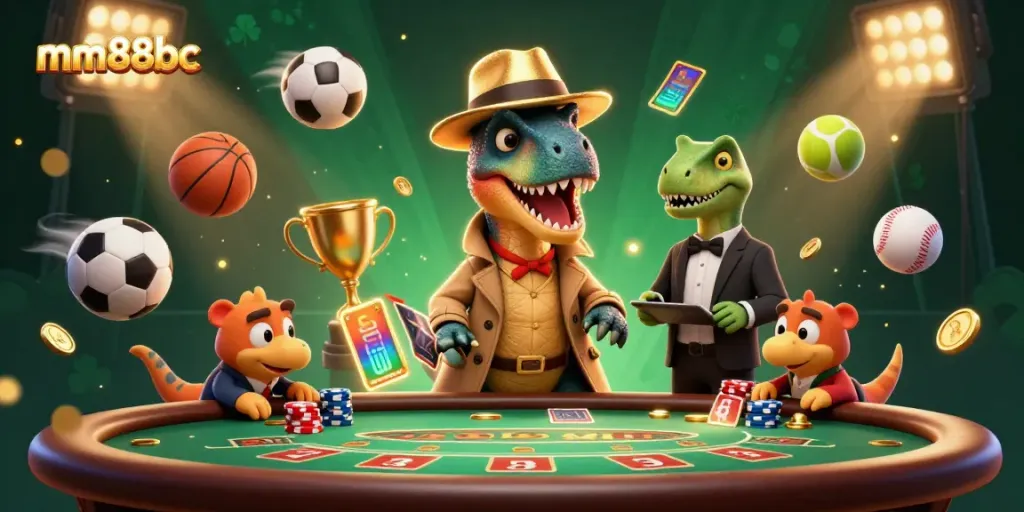 Engage in thrilling games at mm88bc with a cartoon velociraptor attempting to count cards at a lively blackjack table.