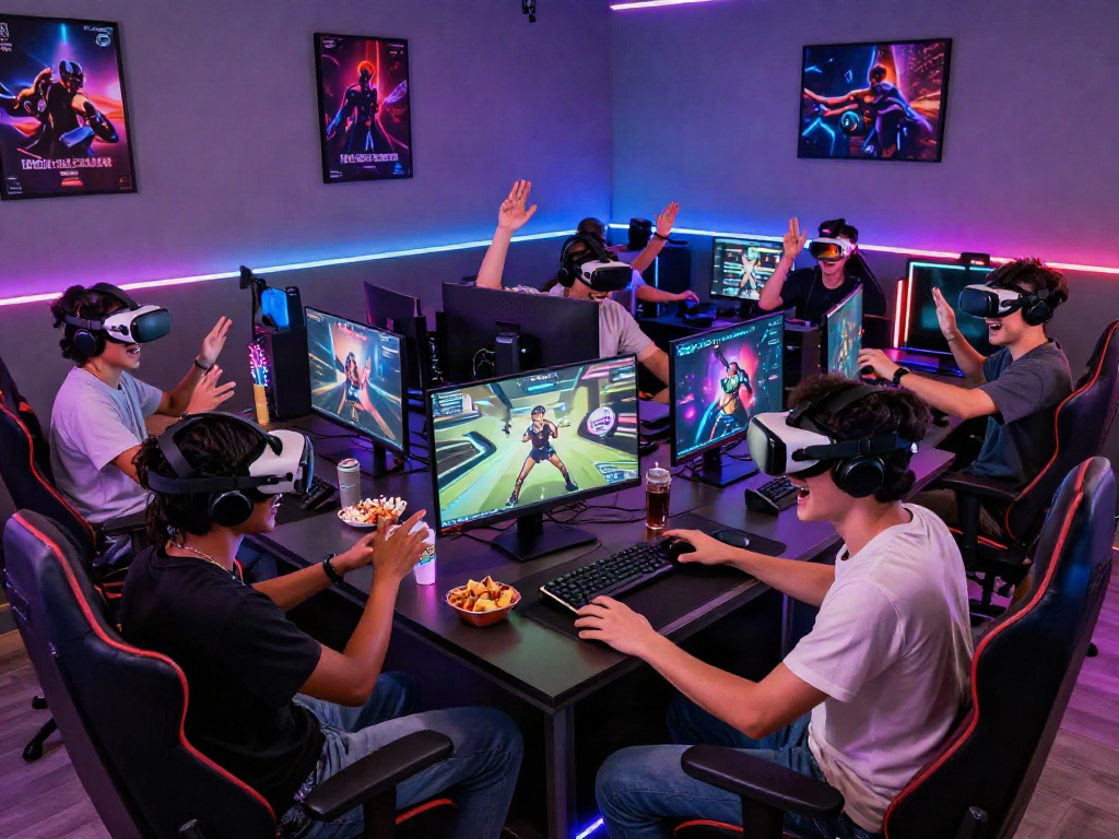 Gamers enjoying immersive porn games in a vibrant VR lounge setup with colorful LED lighting.