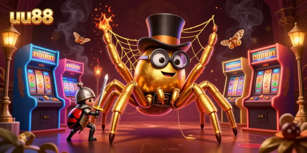 Engage with casino thrills at uu88 featuring a golden tarantula and a knight amidst slot machines.