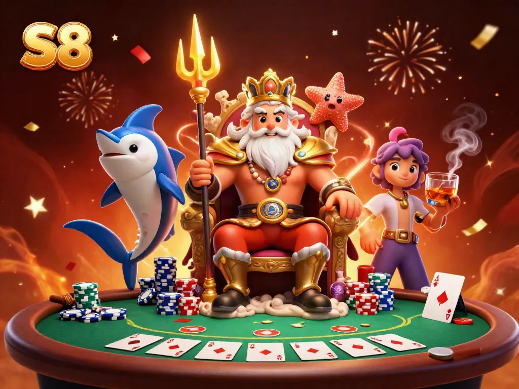 Experience S8's dynamic casino environment with Neptune and friends at a vibrant poker table.