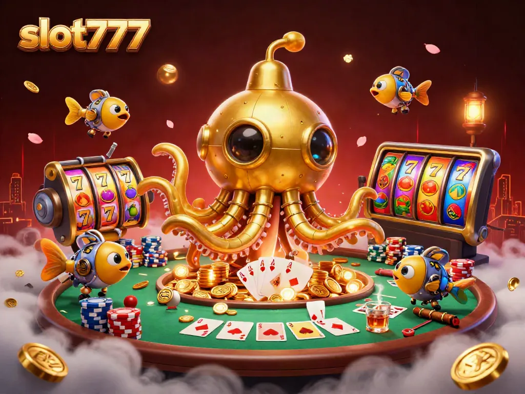 Spin the slot777 reels with vibrant casino graphics, golden kraken, and poker action.