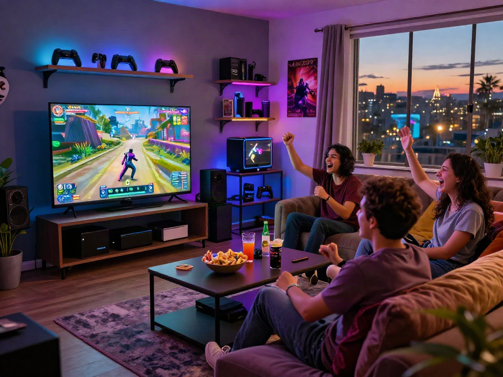 Friends enjoying porn games in a cozy gaming lounge with vibrant LED lights.