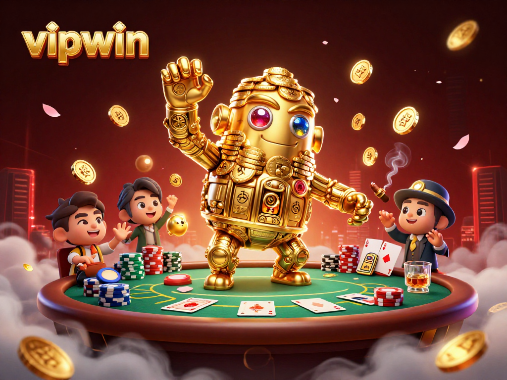 Experience thrilling gaming with vipwin's dynamic 3D illustration depicting a golden golem in a vibrant casino scene.