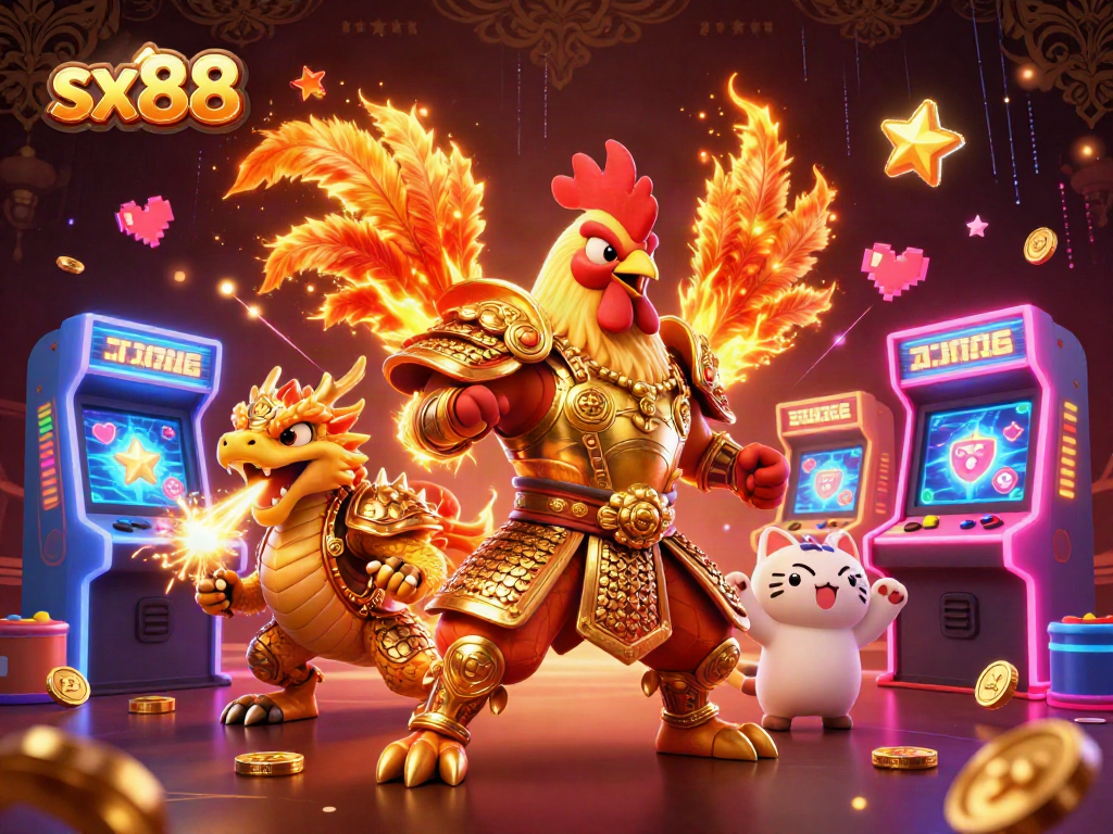 Engage in thrilling casino action with sx88, featuring a cartoon rooster warrior and dragon amidst vibrant gaming elements.