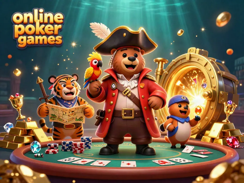 Join thrilling online poker games with a cartoon pirate captain, fierce tiger, and golden treasures!