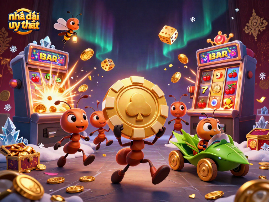 Engage with Nhà cái uy tín: a dynamic heist scene featuring playful ants, golden poker chips, and vibrant casino elements.