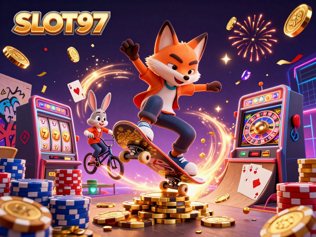 SLOT97 showcases a skateboarder fox and BMX rabbit in a vibrant casino scene with slot machine elements.