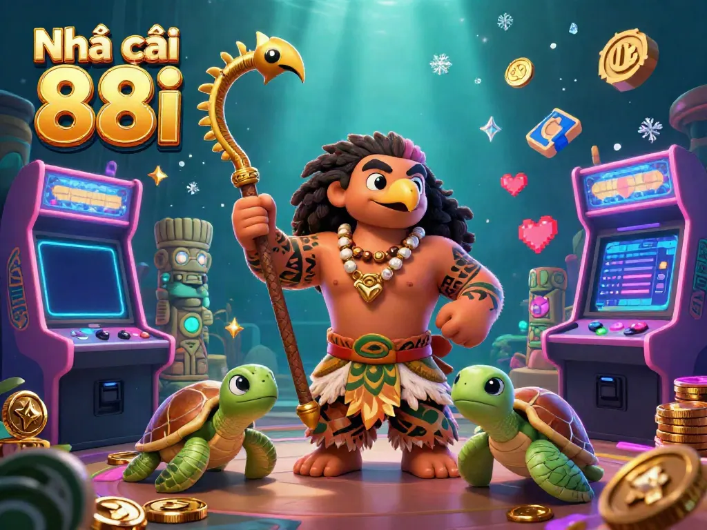 Experience excitement with Nhà cái 88i in a vibrant casino illustration featuring a tribal demigod and gaming elements.