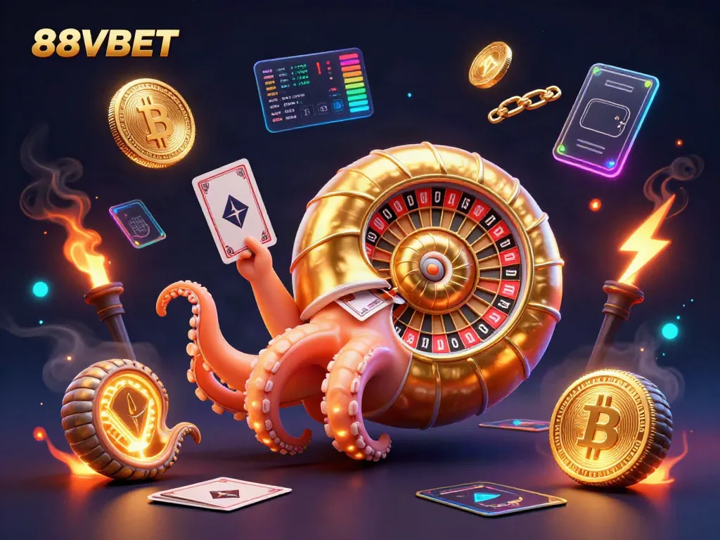 Engage with 88VBET in this vibrant 3D casino scene full of interactive elements.