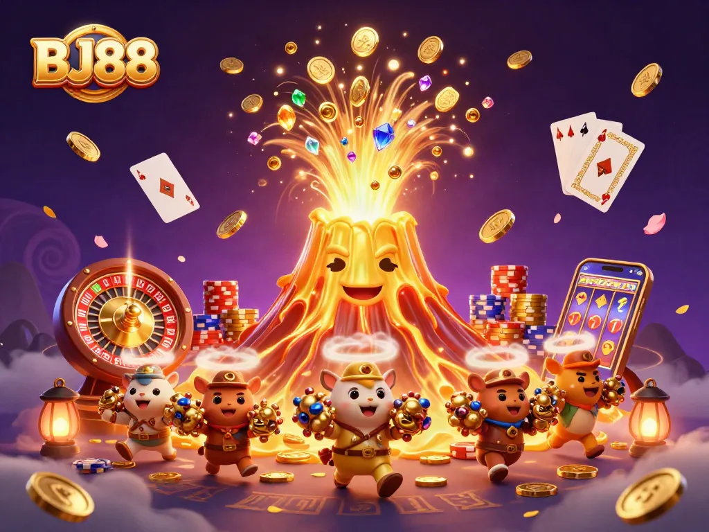 BJ88 showcases a vibrant casino scene with a golden volcano, treasure, and dynamic gambling elements.
