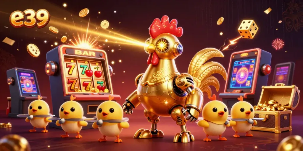 Experience thrilling gameplay at e39 with a golden rooster robot and dynamic casino elements bursting with excitement.