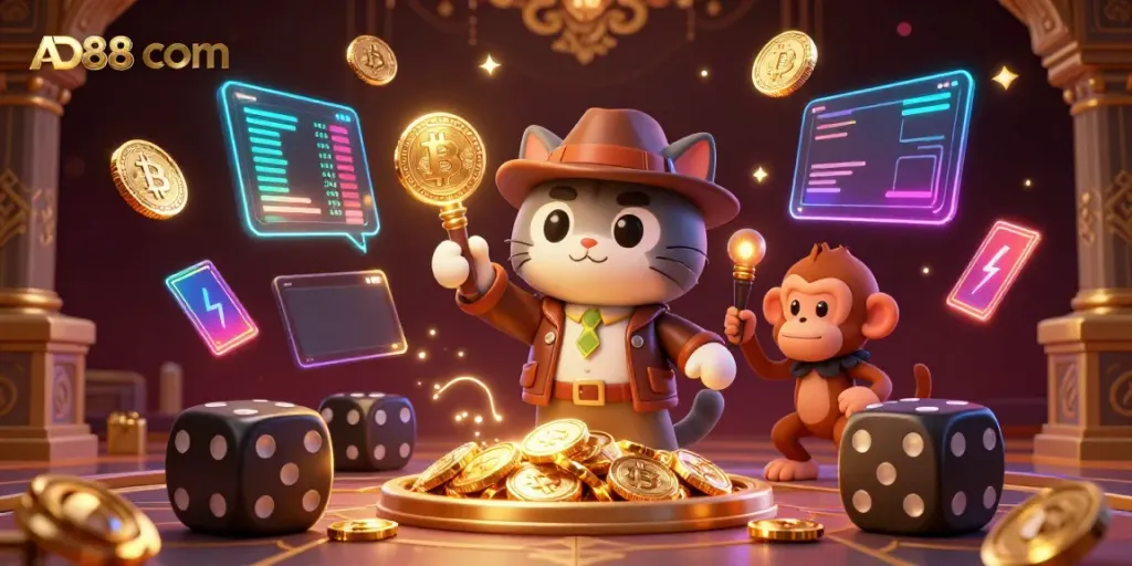 Experience the thrill of AD88 com with a cartoon explorer cat uncovering treasures amidst neon-lit casino elements.