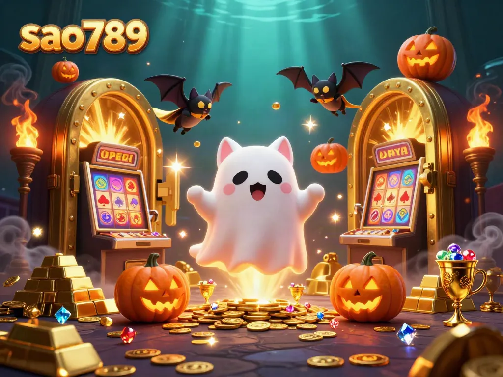 Activate winnings at sao789 with a ghostly cat and vampire bat in a haunted casino.