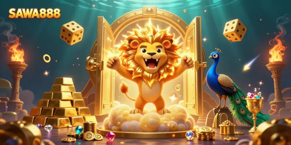 Experience the excitement of SAWA888 with a vibrant casino scene featuring a roaring lion and golden treasures.