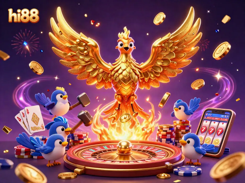 Experience the thrill of hi88 with a vibrant casino illustration of a golden phoenix and gaming elements.