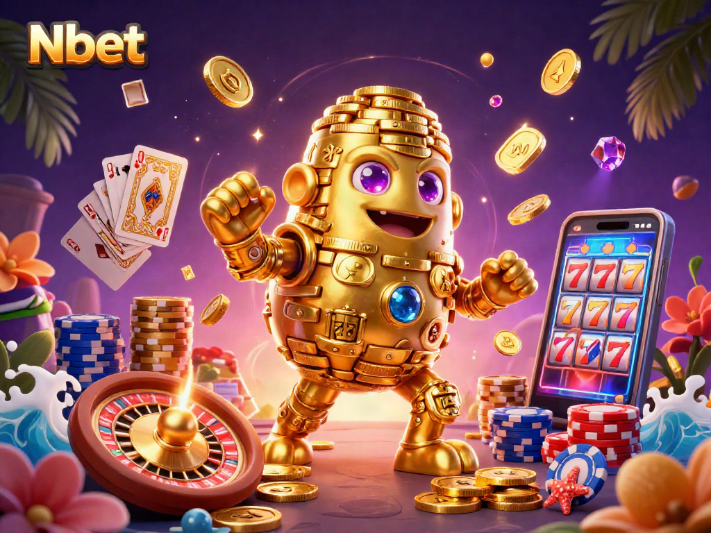 Nbet showcases thrilling gaming action with a golden golem, sparkling gems, and dynamic casino elements.