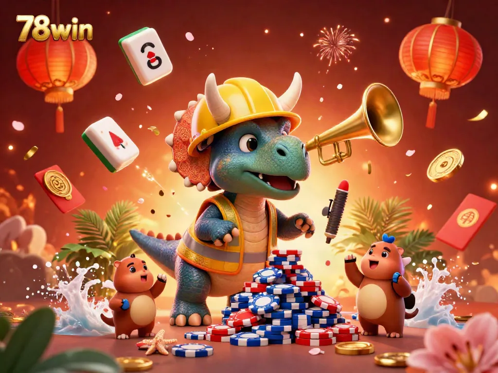 Join the excitement at 78win with a vibrant scene filled with cheering characters and festive casino elements.