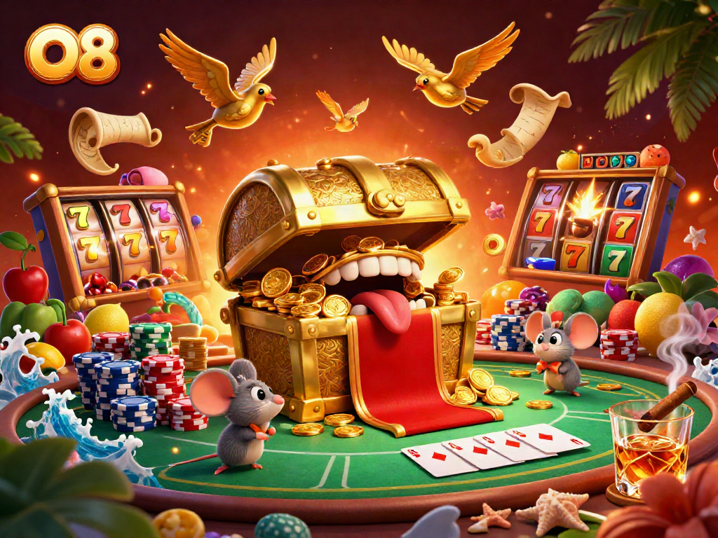 Engage in exciting O8 casino adventures with treasure chests, slot reels, and vibrant casino ambiance.