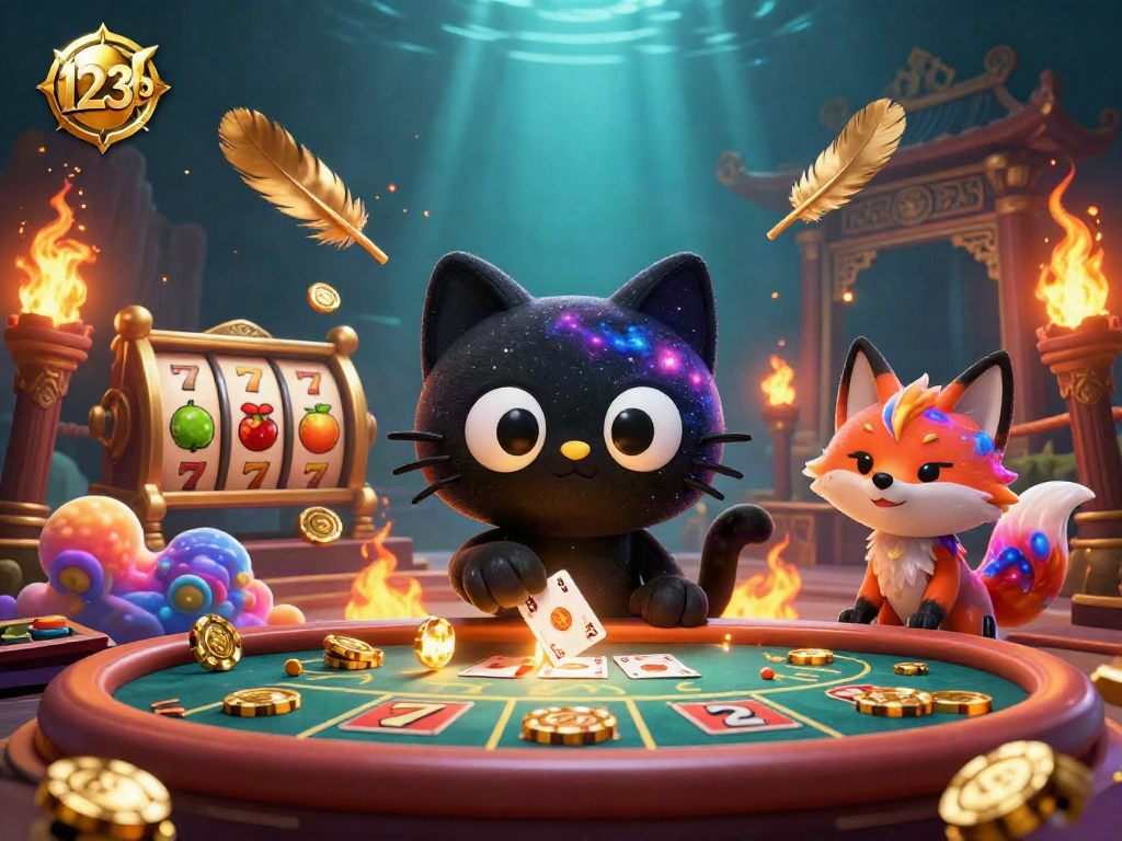 Engage in vibrant cosmic gaming action with 123b featuring a black hole cat and colorful elements.