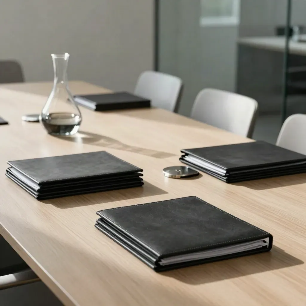 Sala riunioni per due diligence con cartelline nere, decanter in vetro e poltrone sfocate.