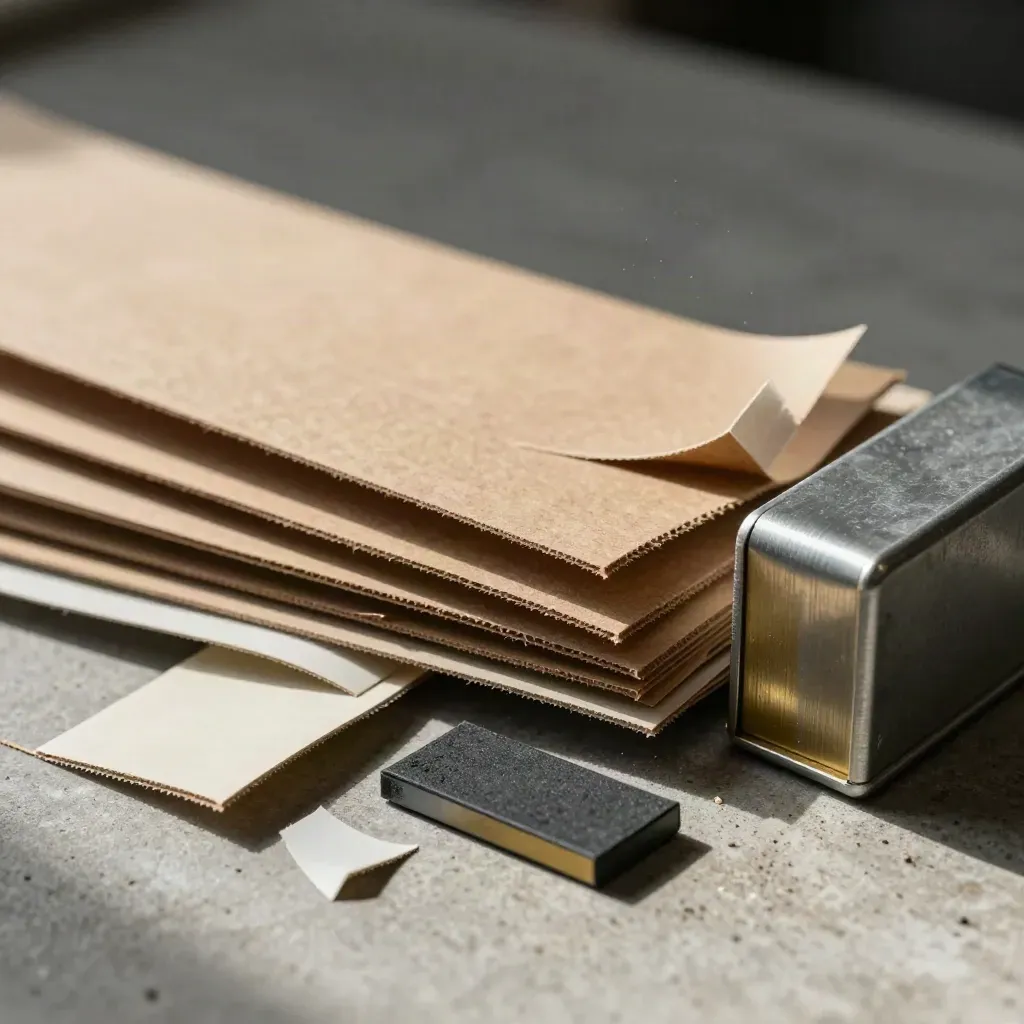 Scarti di imballaggio raccolti in un angolo produttivo con raccoglitore sigillato e bidoni metallici