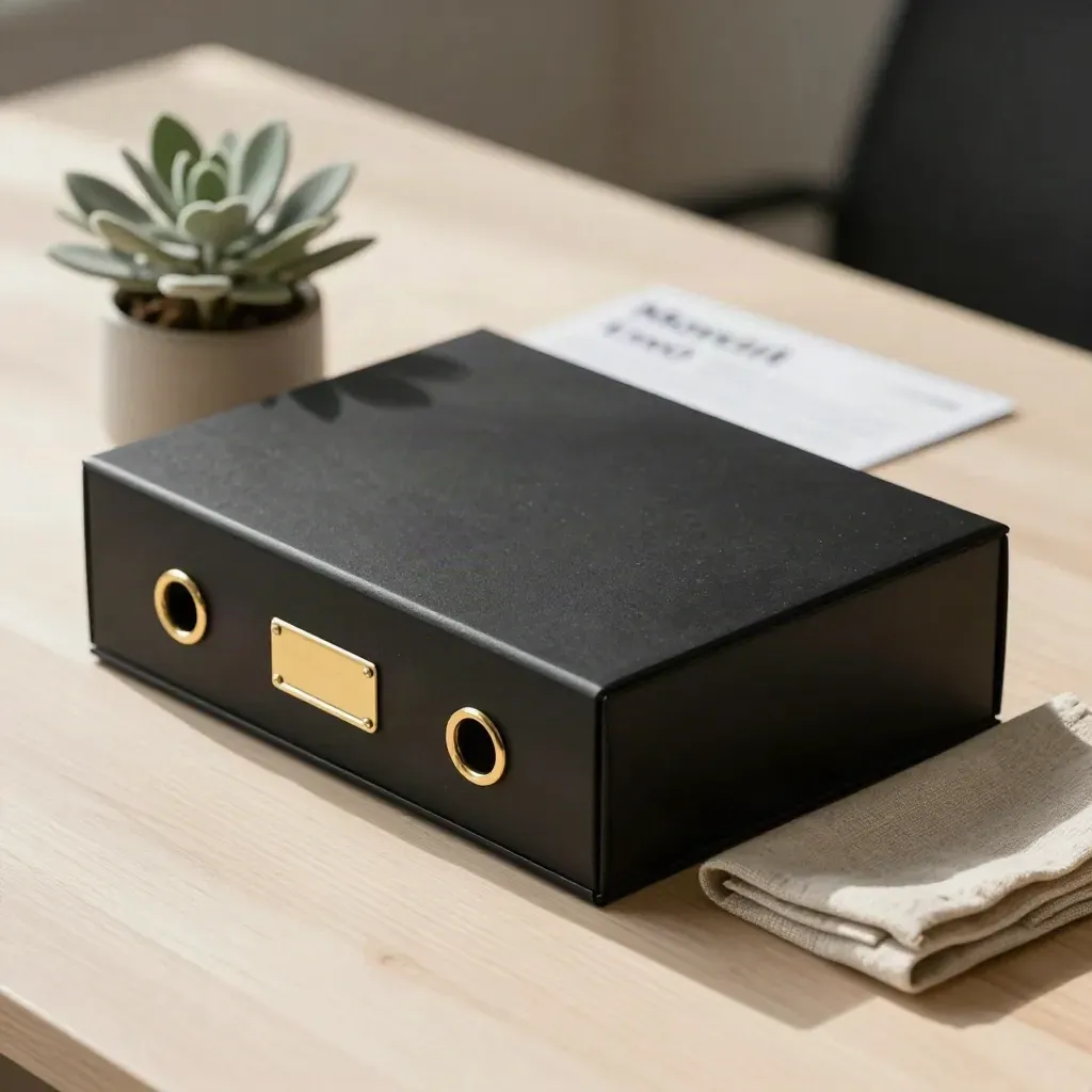 Scatola archivio nera, graffe in ottone, pianta e lino su legno chiaro, luce morbida.