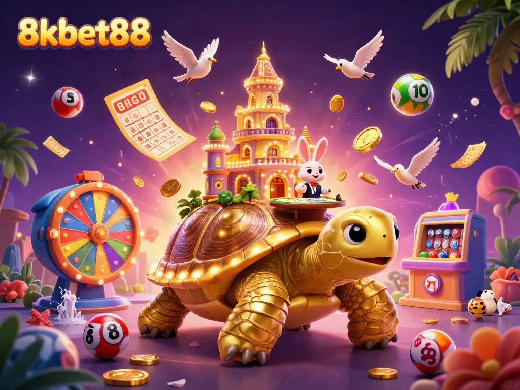 Engage with 8xbet88 at a vibrant casino scene featuring a golden tortoise and a rabbit dealer.