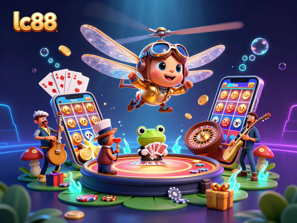 Experience the excitement of lc88 with a vibrant 3D casino illustration showcasing dynamic characters and immersive game elements.