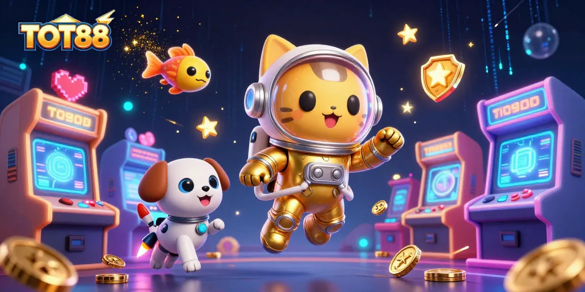Spin for big wins at TOT88 with an astronaut cat and robot dog in an exciting gaming scene.