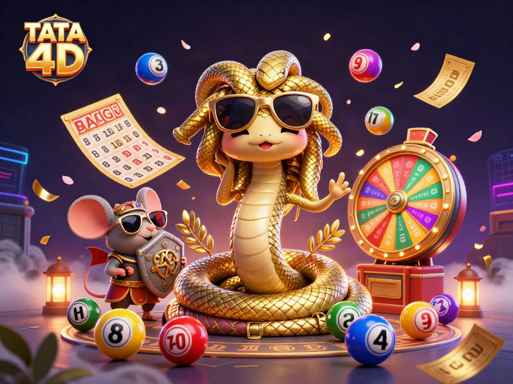Engage with TATA 4D's vibrant lottery scene featuring dynamic characters and games.