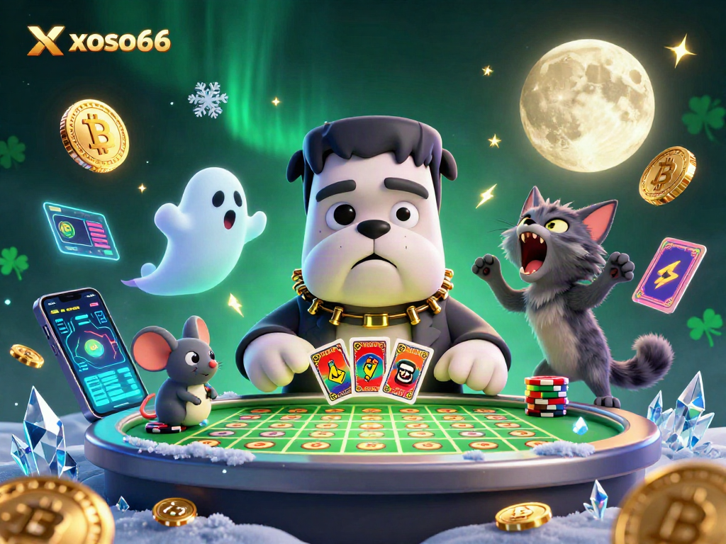 Win big with xoso66 at the lively lottery table, featuring cartoon characters and crypto elements.