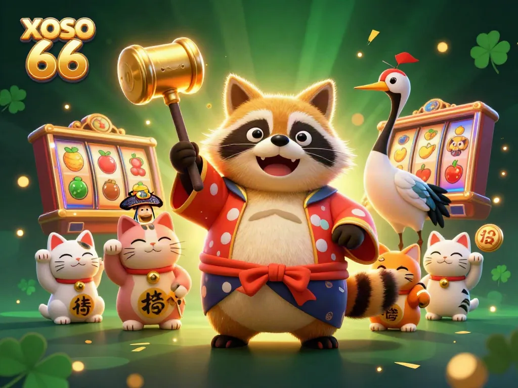 Cheerful 3D tanuki and maneki-neko celebrate winning at XOSO 66, among vibrant slot machines.