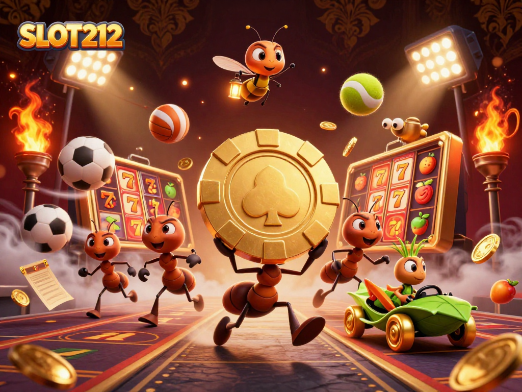 SLOT212 gamblers engage with a vibrant heist scene featuring ants and a grasshopper driver amidst slot symbols and sports elements.
