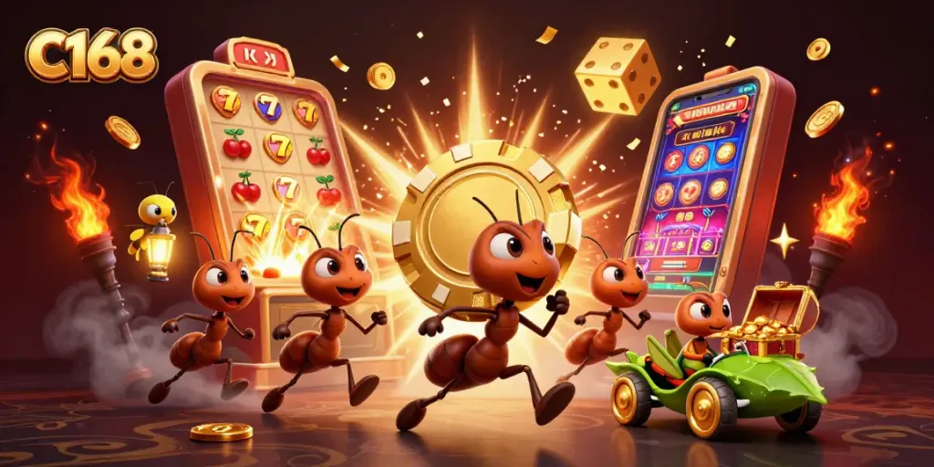C168-themed illustration of ants and a grasshopper in a vibrant casino scene filled with golden elements.