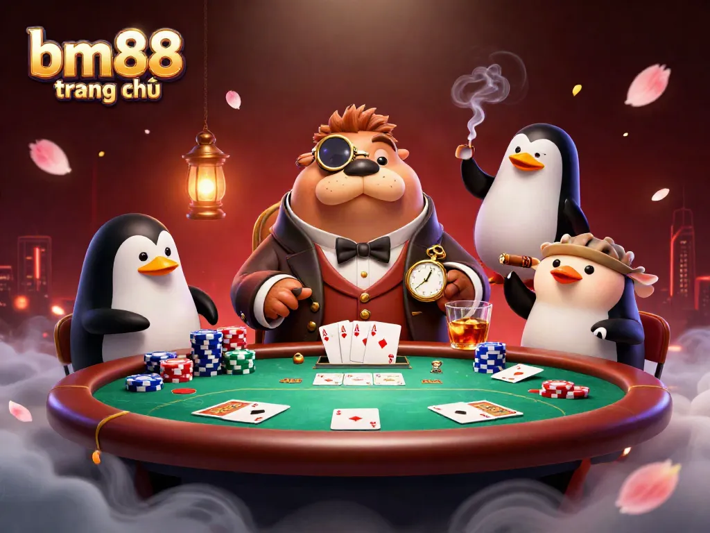 Engage with the thrilling game scene at bm88 trang chủ featuring a jolly walrus, penguin dealer, and a bluffing pufferfish.