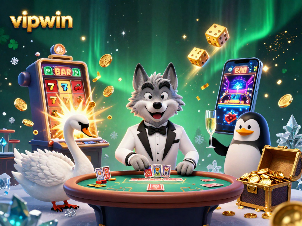Experience a thrilling jackpot feast with vipwin's luxury casino scene featuring vibrant characters and games.