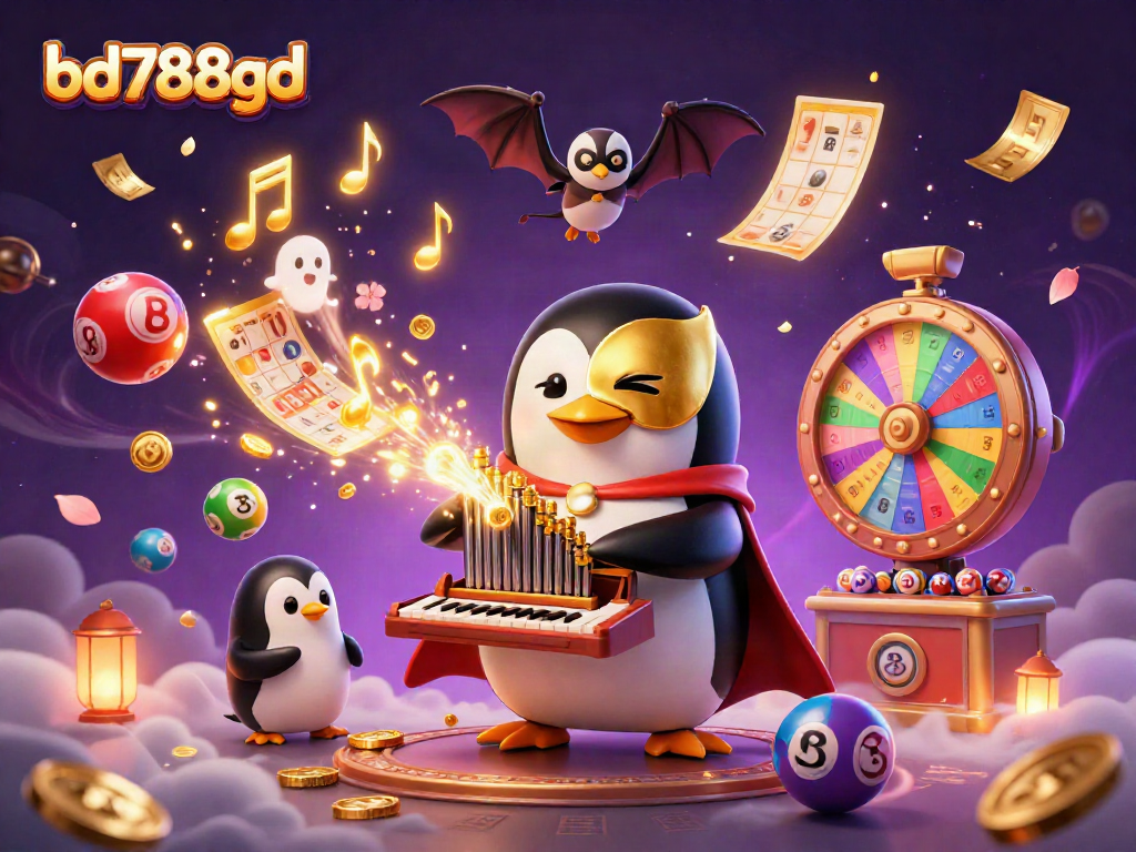 Spin the reels with bd788bd's casino penguin and bat acrobats amidst vibrant gambling elements.