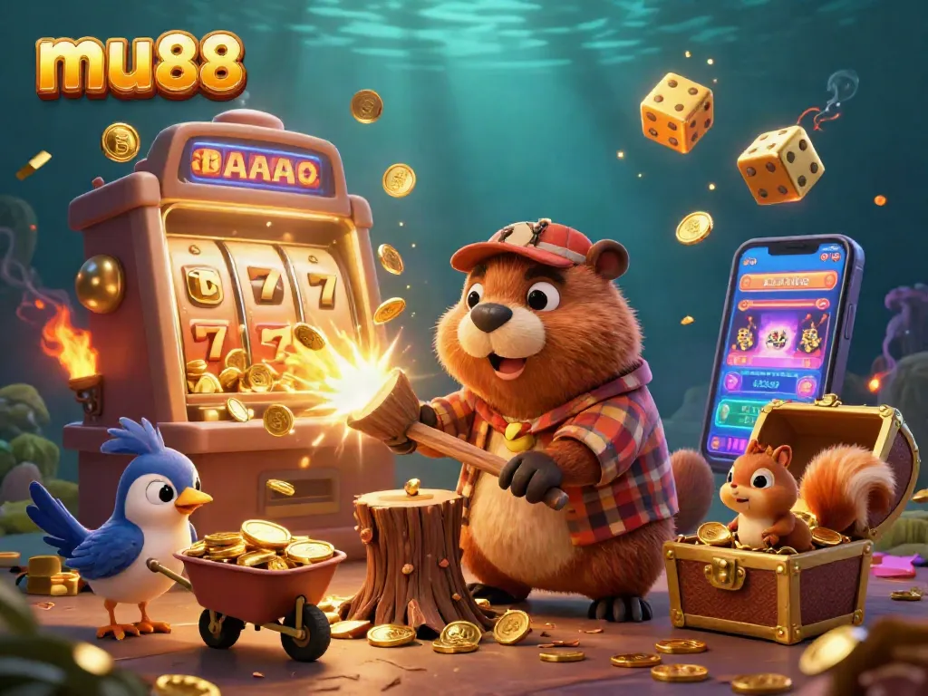 Spin the reels at mu88 and watch golden coins rain down in this vibrant casino scene.