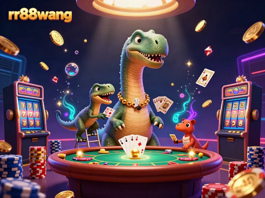 Experience thrilling gaming at rr88wang, featuring a cartoon brontosaurus in a casino scene.