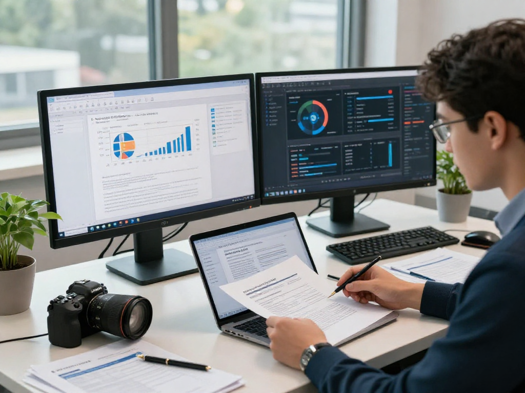 Expert conducting document fraud detection analysis in a modern workspace with dual monitors and legal materials.