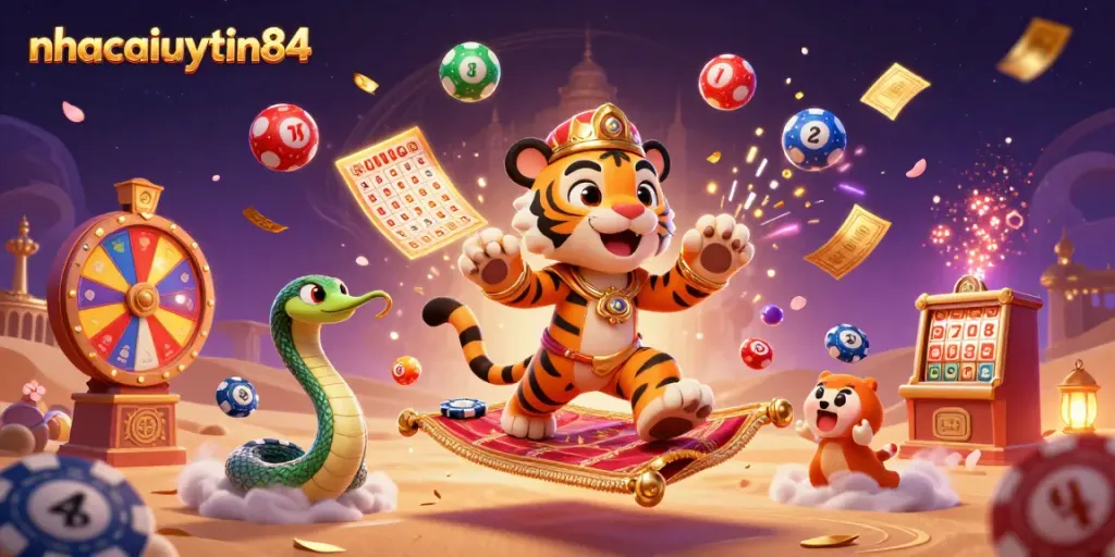 Experience the enchanting world of nhacaiuytin84 with a tiger sultan, vibrant lottery balls, and golden casino elements.