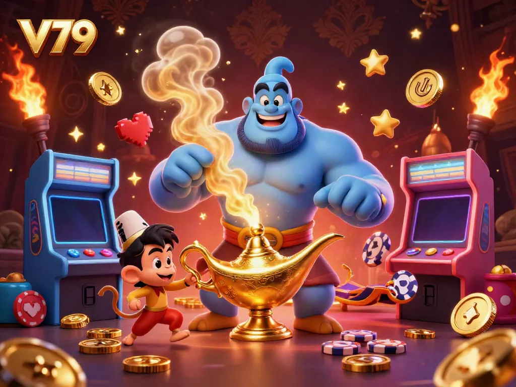 Experience the excitement at V79 with dynamic casino elements and a captivating genie.