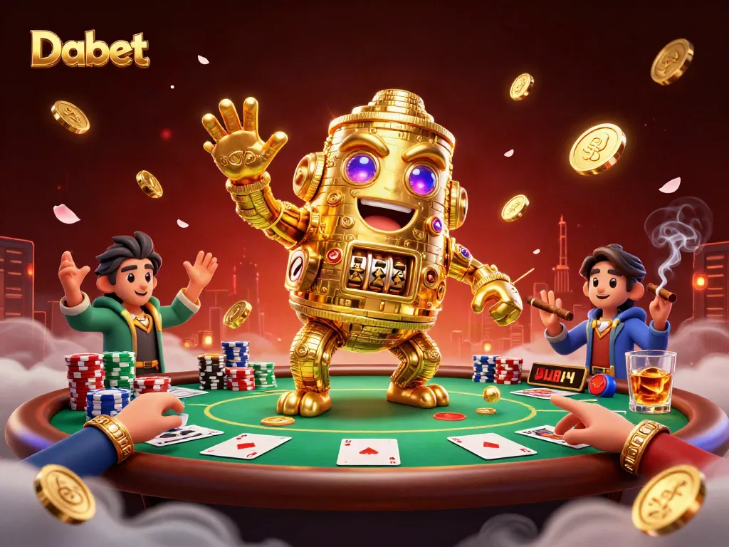Dabet players engaging with a 3D cartoon golden golem at a rich poker scene, showcasing vibrant gaming elements.
