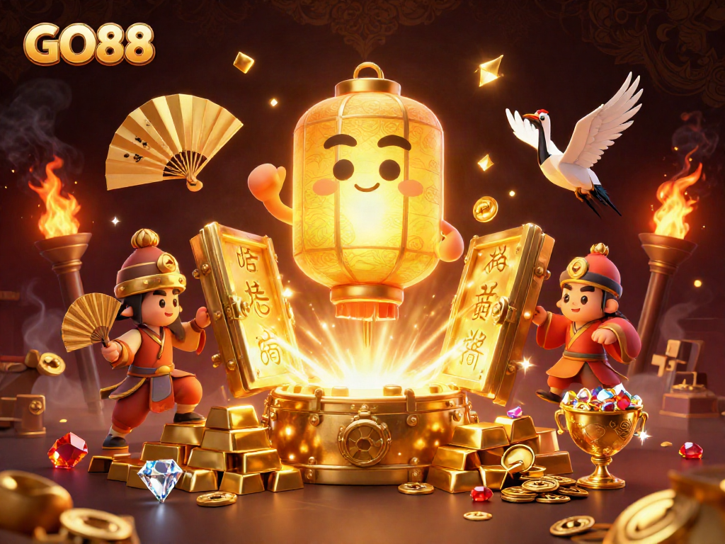 Engage with GO88 and explore vibrant casino elements in a dynamic and rich digital illustration.