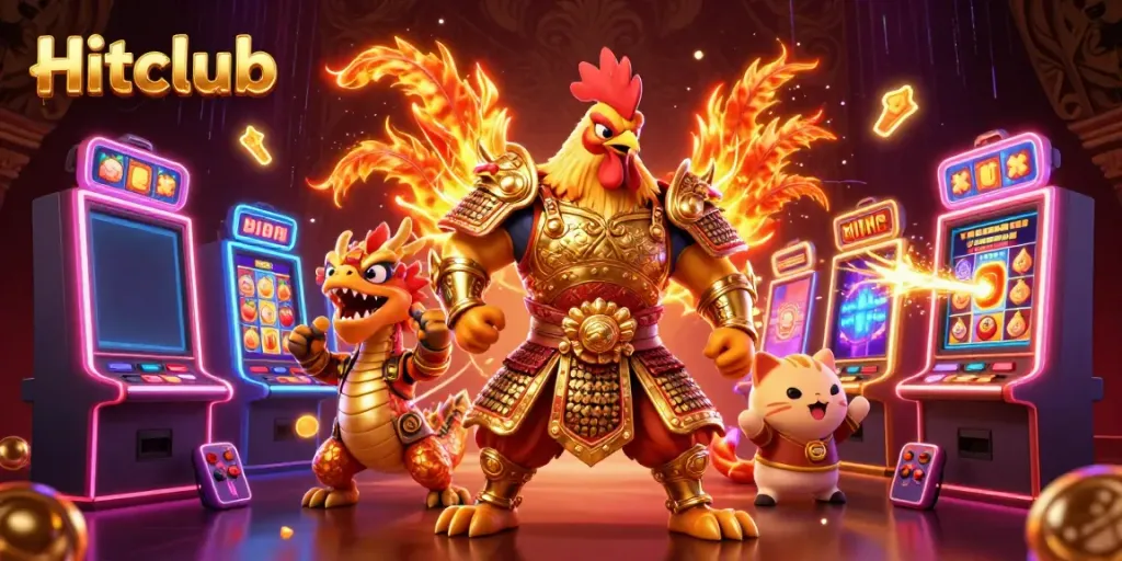 Hitclub features a vibrant casino scene with a rooster warrior and dragon hatchling celebrating wins.