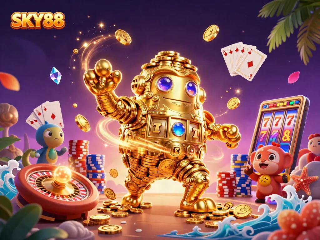 Spin the reels with SKY88 as the golden golem springs to life amidst vibrant casino elements.