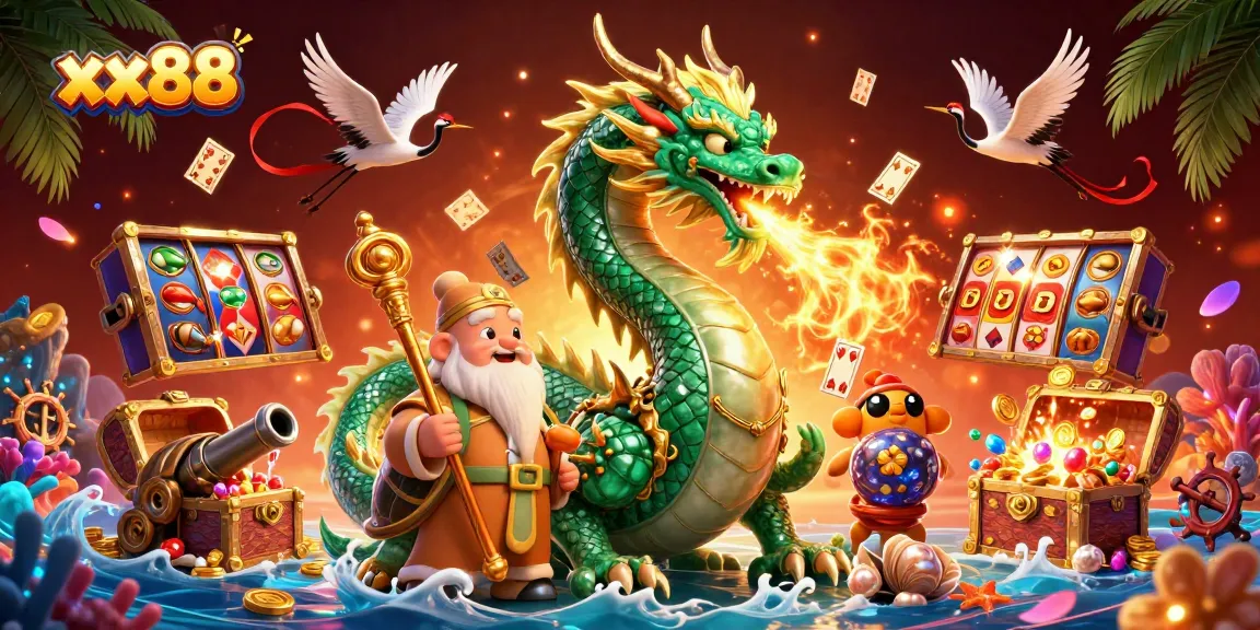 Experience the excitement of xx88 casino games with a dynamic illustration featuring lucky characters and vibrant gaming elements.