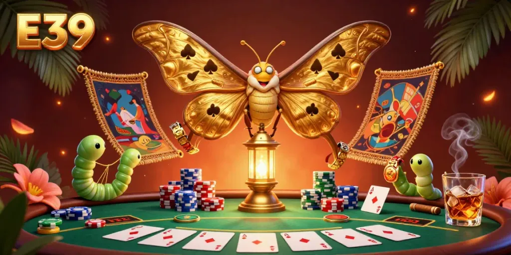 E39 showcases a vibrant casino scene featuring a majestic moth and lively poker elements.